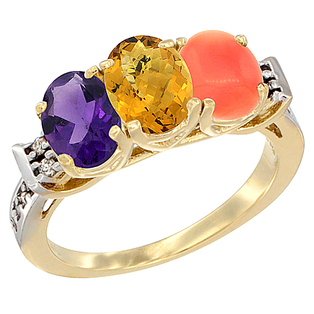 14K Yellow Gold Natural Amethyst, Whisky Quartz & Coral Ring 3-Stone 7x5 mm Oval Diamond Accent, sizes 5 - 10