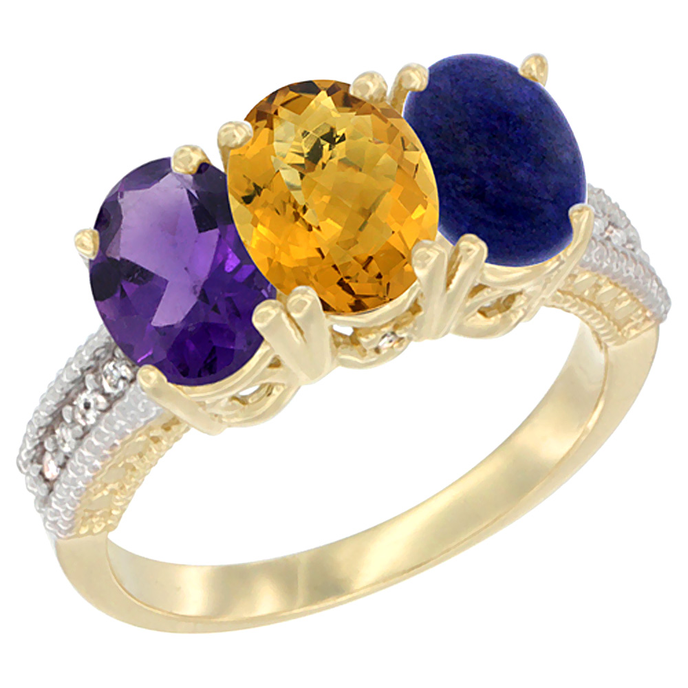 14K Yellow Gold Natural Amethyst, Whisky Quartz &amp; Lapis Ring 3-Stone 7x5 mm Oval Diamond Accent, sizes 5 - 10