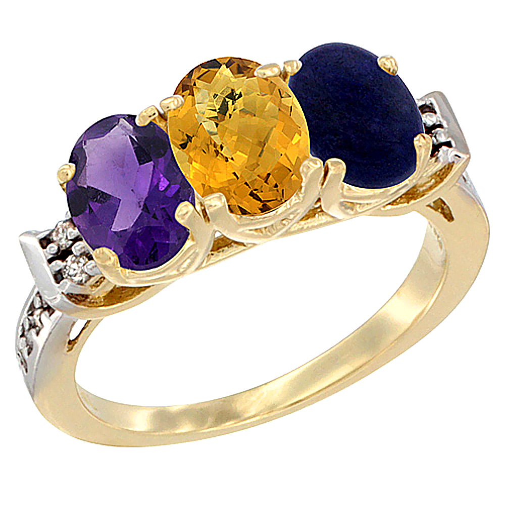 14K Yellow Gold Natural Amethyst, Whisky Quartz &amp; Lapis Ring 3-Stone 7x5 mm Oval Diamond Accent, sizes 5 - 10