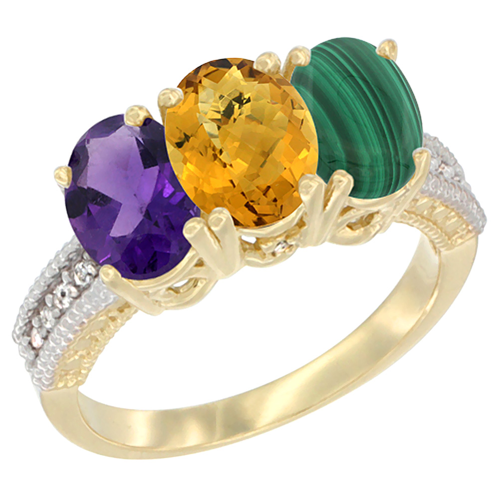 14K Yellow Gold Natural Amethyst, Whisky Quartz & Malachite Ring 3-Stone 7x5 mm Oval Diamond Accent, sizes 5 - 10