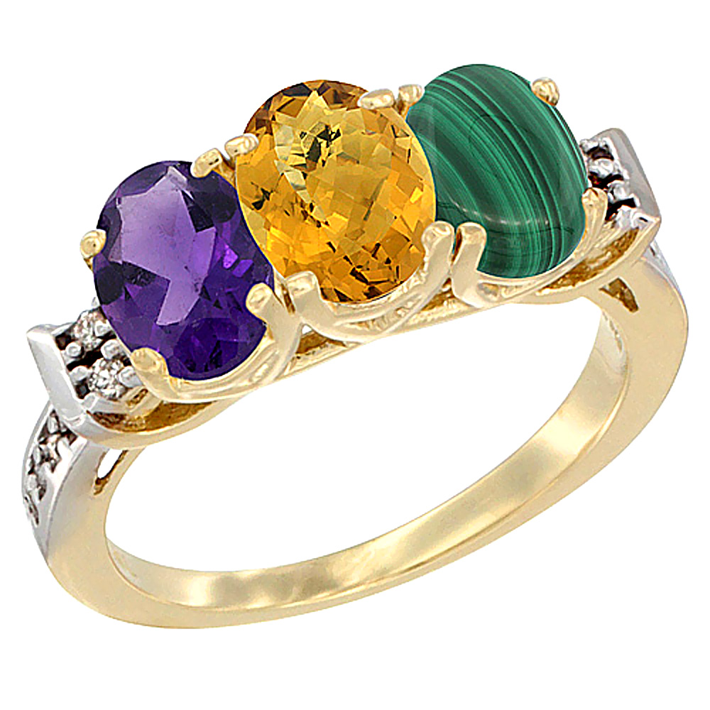 10K Yellow Gold Natural Amethyst, Whisky Quartz & Malachite Ring 3-Stone Oval 7x5 mm Diamond Accent, sizes 5 - 10