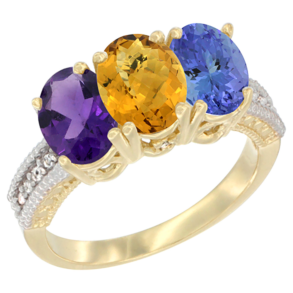 14K Yellow Gold Natural Amethyst, Whisky Quartz & Tanzanite Ring 3-Stone 7x5 mm Oval Diamond Accent, sizes 5 - 10