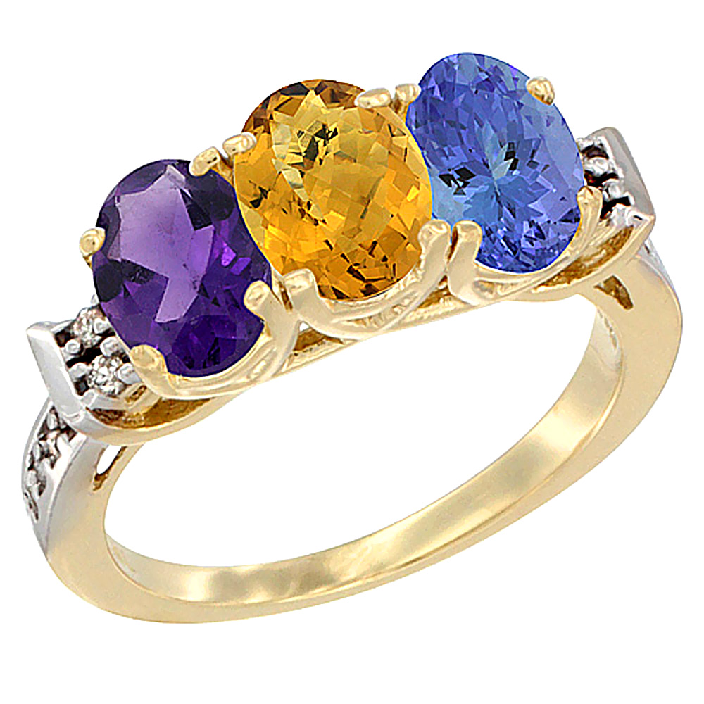 14K Yellow Gold Natural Amethyst, Whisky Quartz & Tanzanite Ring 3-Stone 7x5 mm Oval Diamond Accent, sizes 5 - 10