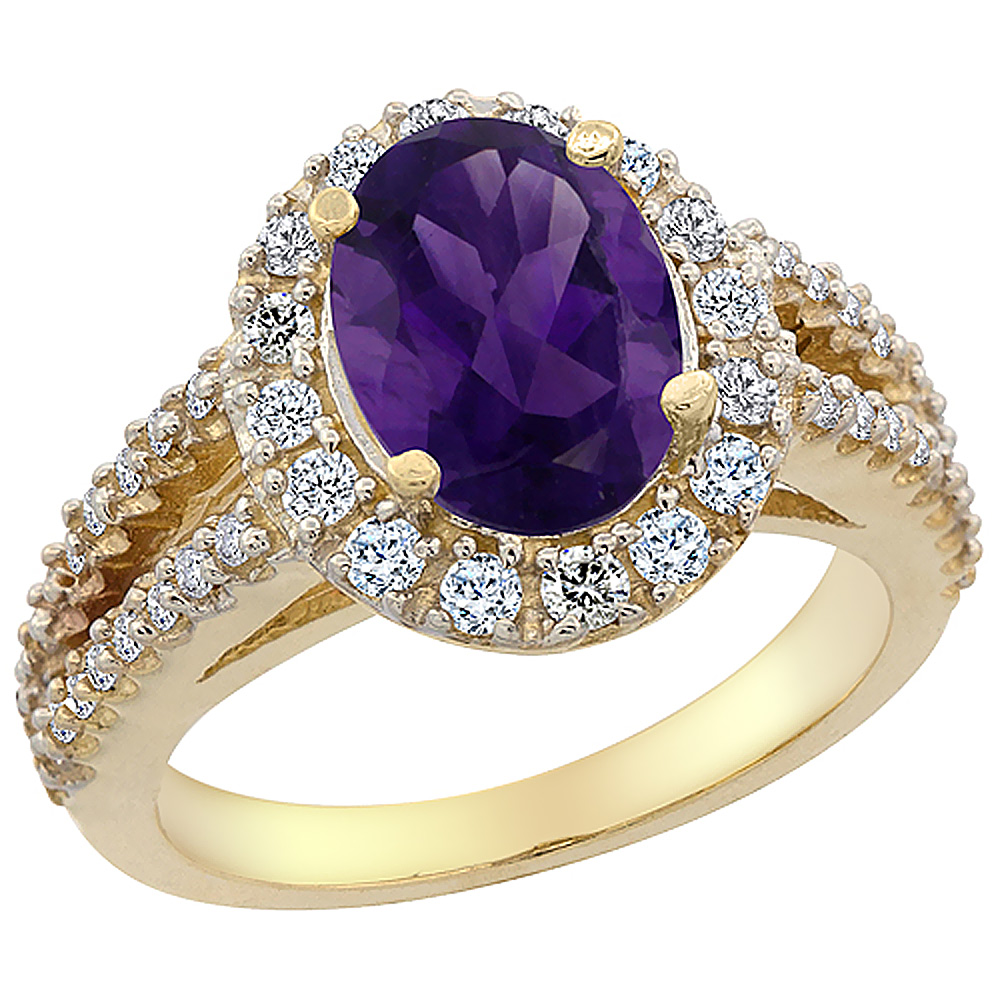 14K Yellow Gold Diamond Natural Amethyst Engagement Ring Oval 10x8mm, sizes 5-10