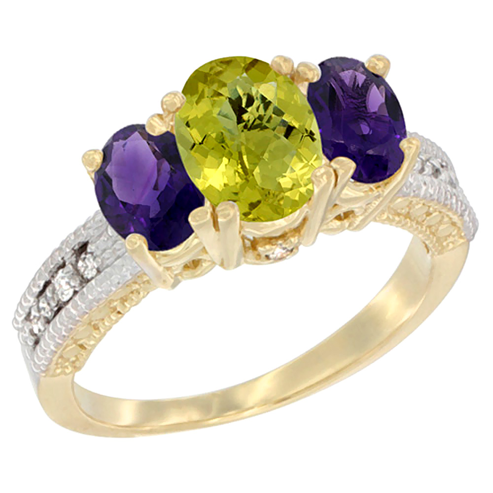 14K Yellow Gold Diamond Natural Lemon Quartz Ring Oval 3-stone with Amethyst, sizes 5 - 10