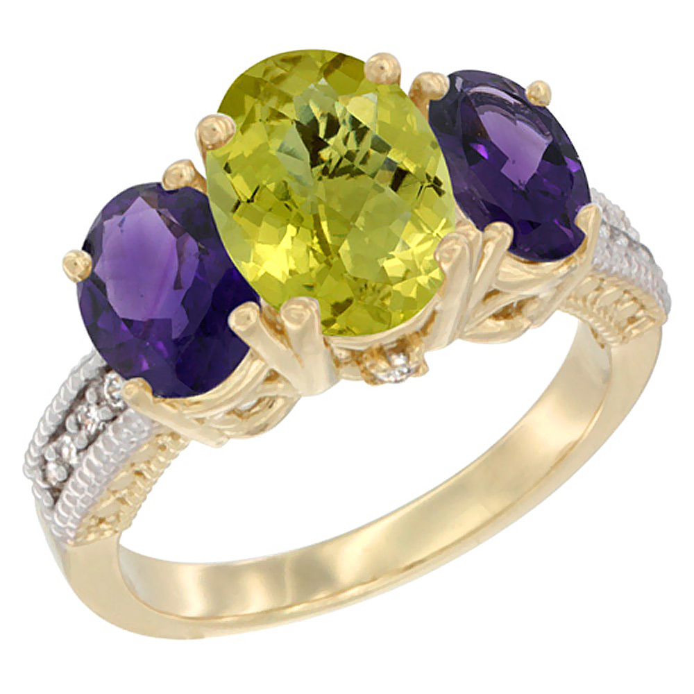 10K Yellow Gold Diamond Natural Lemon Quartz Ring 3-Stone Oval 8x6mm with Amethyst, sizes5-10