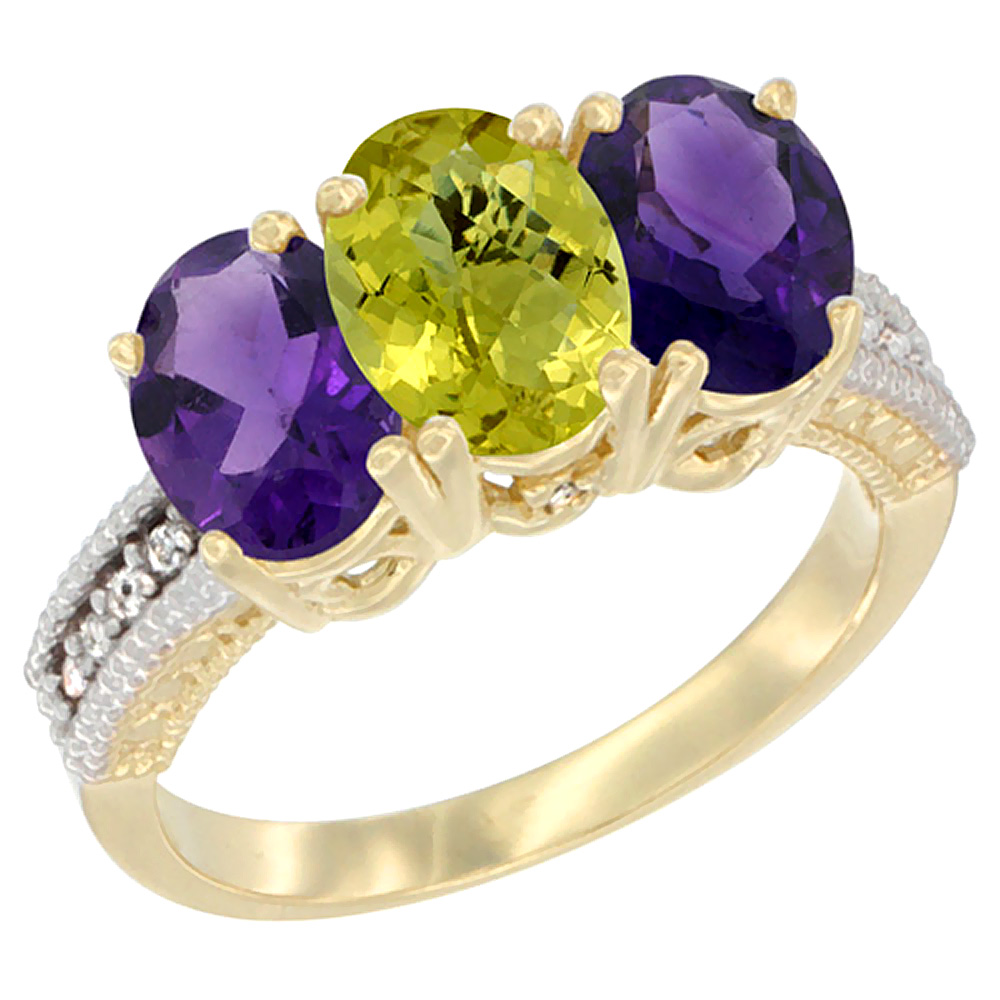 14K Yellow Gold Natural Lemon Quartz & Amethyst Ring 3-Stone 7x5 mm Oval Diamond Accent, sizes 5 - 10