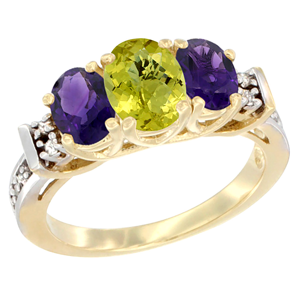 10K Yellow Gold Natural Lemon Quartz &amp; Amethyst Ring 3-Stone Oval Diamond Accent