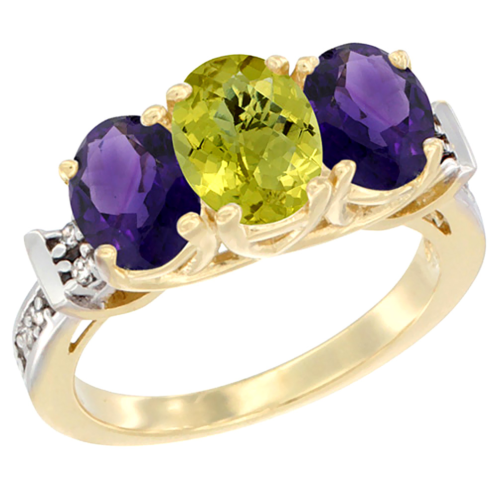 10K Yellow Gold Natural Lemon Quartz &amp; Amethyst Sides Ring 3-Stone Oval Diamond Accent, sizes 5 - 10