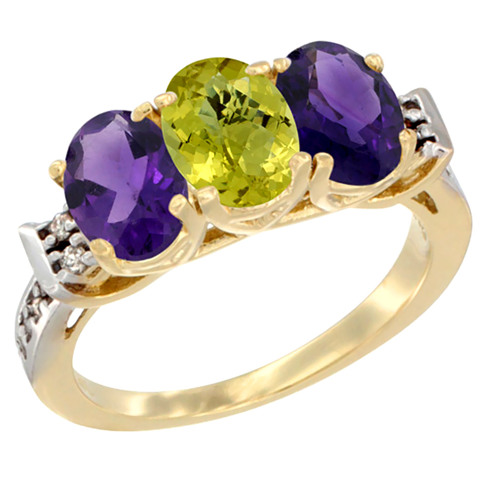 10K Yellow Gold Natural Lemon Quartz & Amethyst Sides Ring 3-Stone Oval 7x5 mm Diamond Accent, sizes 5 - 10