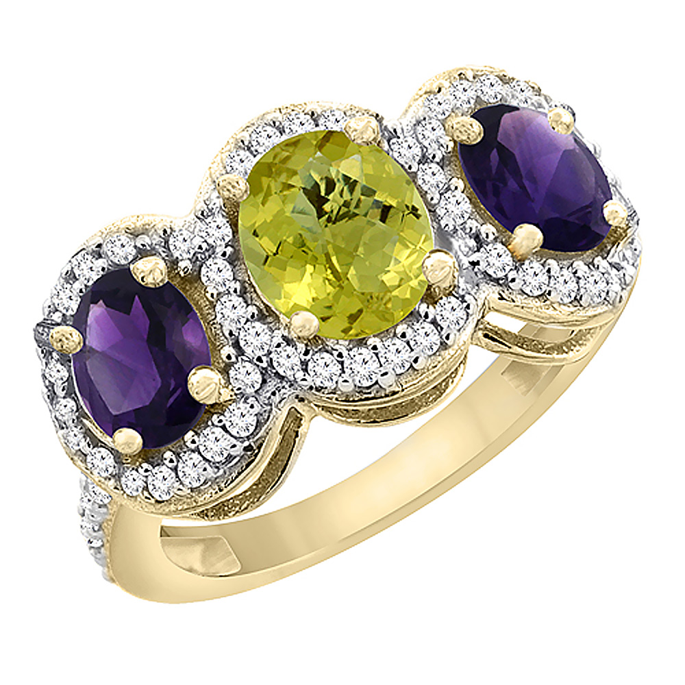 10K Yellow Gold Natural Lemon Quartz & Amethyst 3-Stone Ring Oval Diamond Accent, sizes 5 - 10