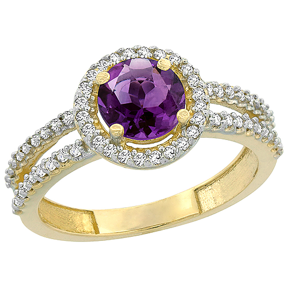 14K Yellow Gold Natural Amethyst Diamond Halo Ring Round 6mm, sizes 5 - 10