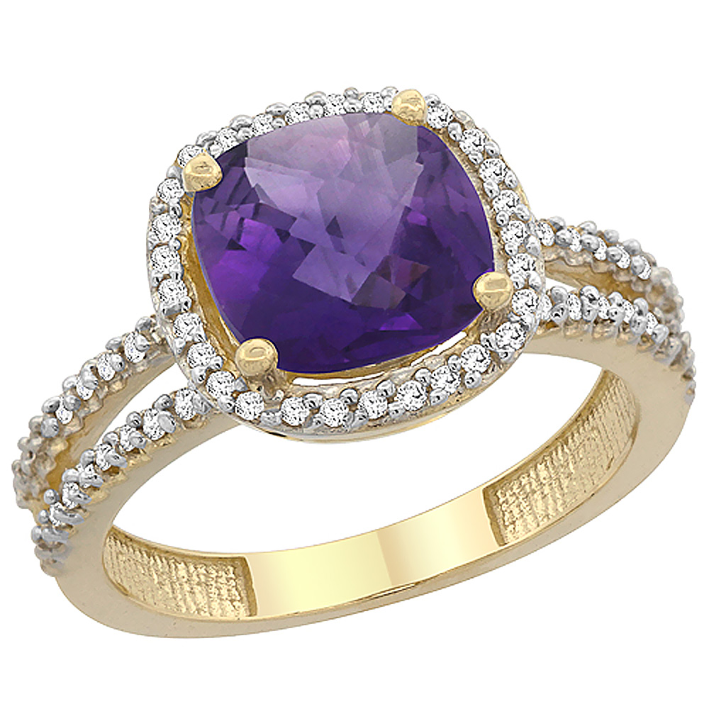 14K Yellow Gold Natural Amethyst Ring Cushion-cut 8x8 mm 2-row Diamond Accents, sizes 5 - 10