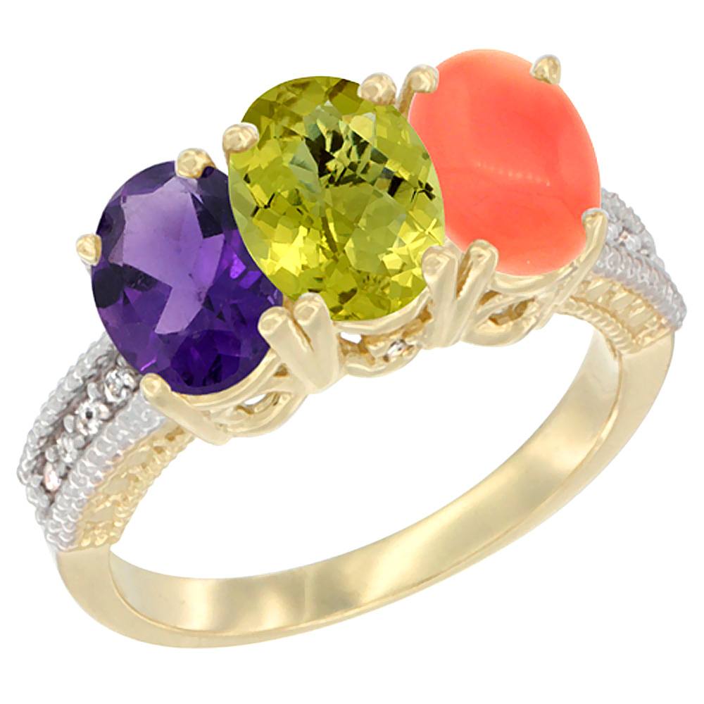 10K Yellow Gold Diamond Natural Amethyst, Lemon Quartz & Coral Ring Oval 3-Stone 7x5 mm,sizes 5-10