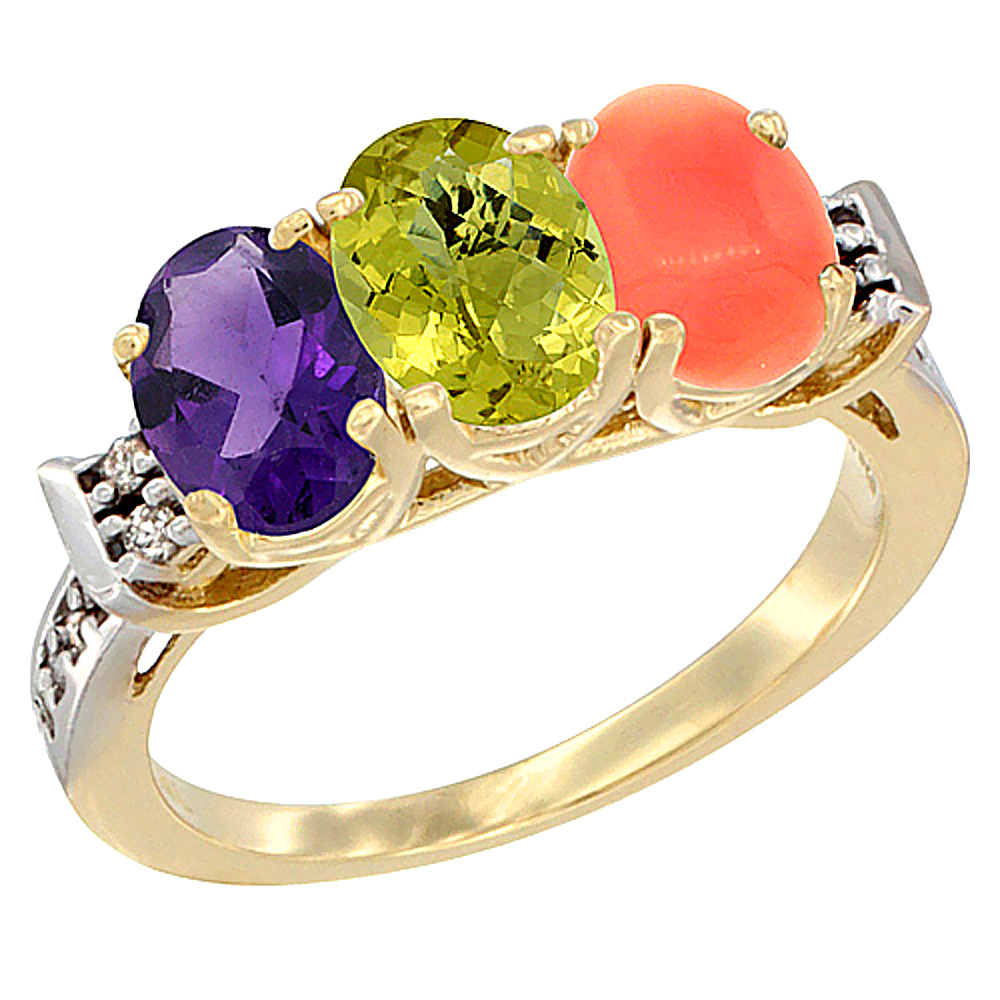 10K Yellow Gold Natural Amethyst, Lemon Quartz &amp; Coral Ring 3-Stone Oval 7x5 mm Diamond Accent, sizes 5 - 10