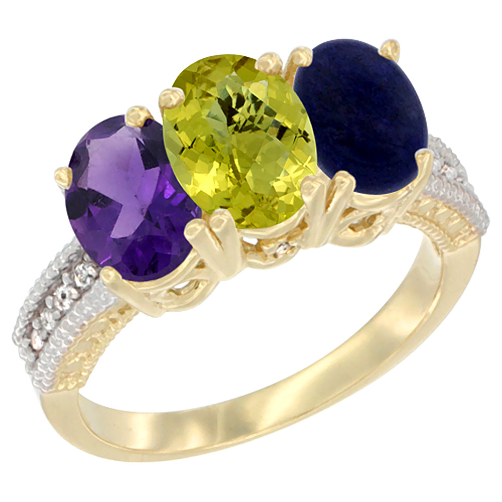 14K Yellow Gold Natural Amethyst, Lemon Quartz & Lapis Ring 3-Stone 7x5 mm Oval Diamond Accent, sizes 5 - 10