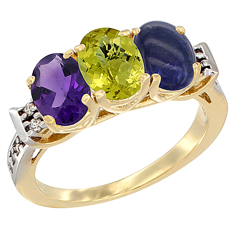 14K Yellow Gold Natural Amethyst, Lemon Quartz & Lapis Ring 3-Stone 7x5 mm Oval Diamond Accent, sizes 5 - 10