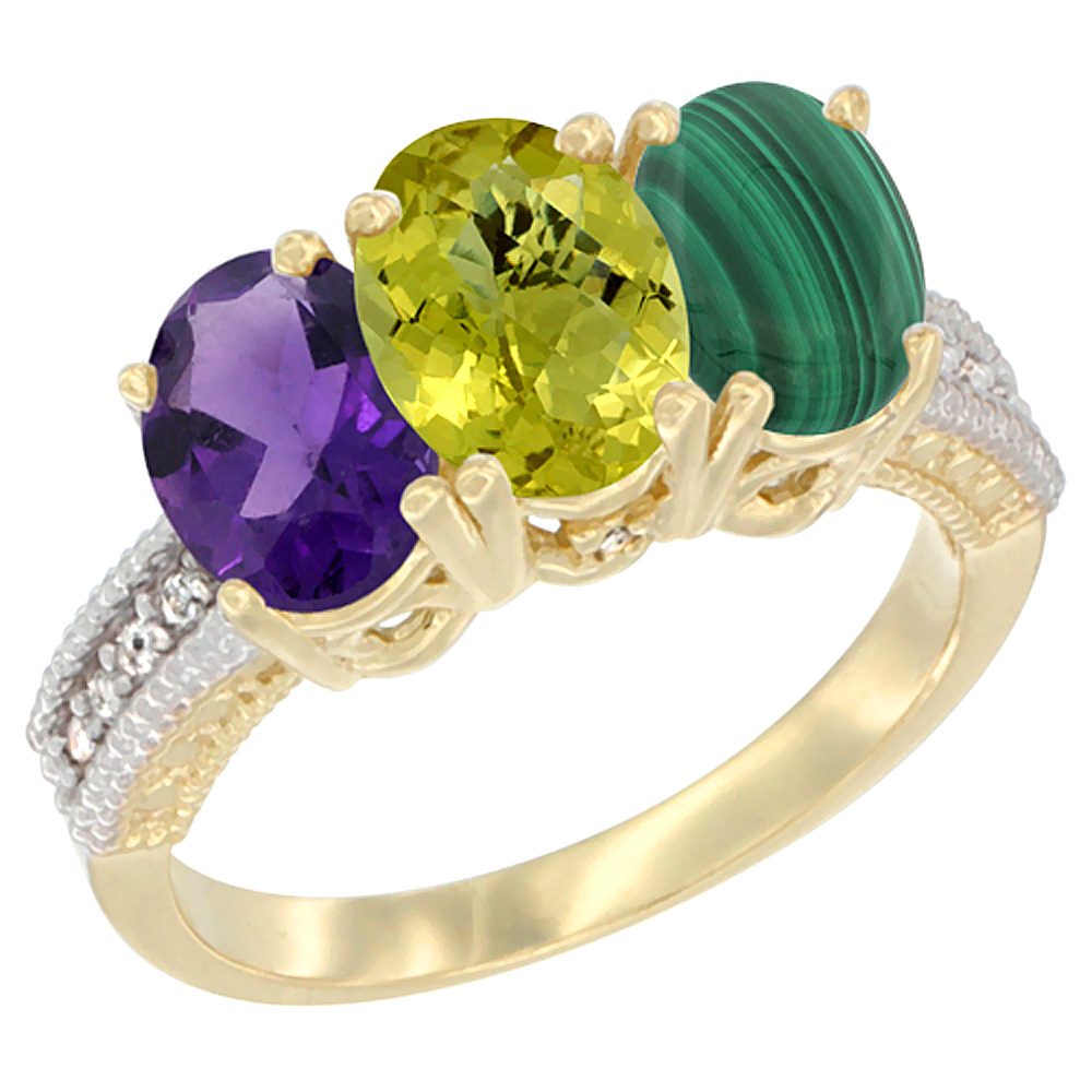 14K Yellow Gold Natural Amethyst, Lemon Quartz &amp; Malachite Ring 3-Stone 7x5 mm Oval Diamond Accent, sizes 5 - 10