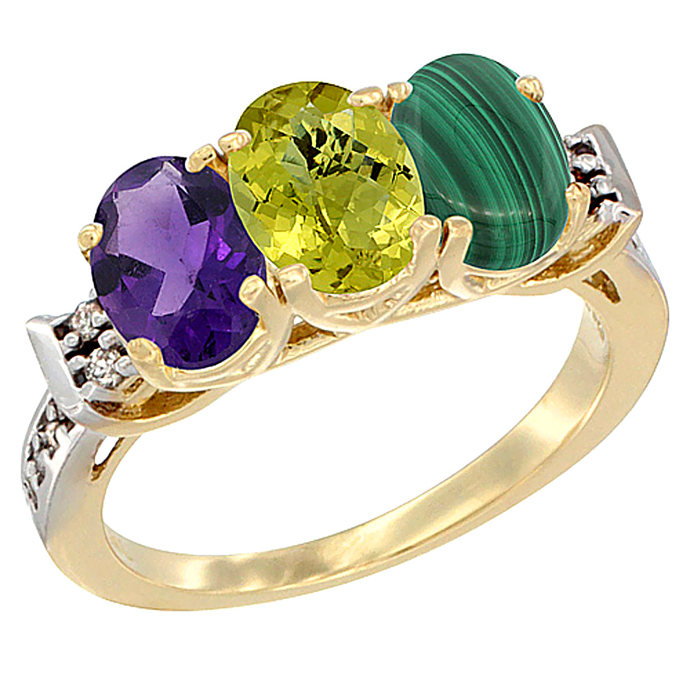 10K Yellow Gold Natural Amethyst, Lemon Quartz & Malachite Ring 3-Stone Oval 7x5 mm Diamond Accent, sizes 5 - 10