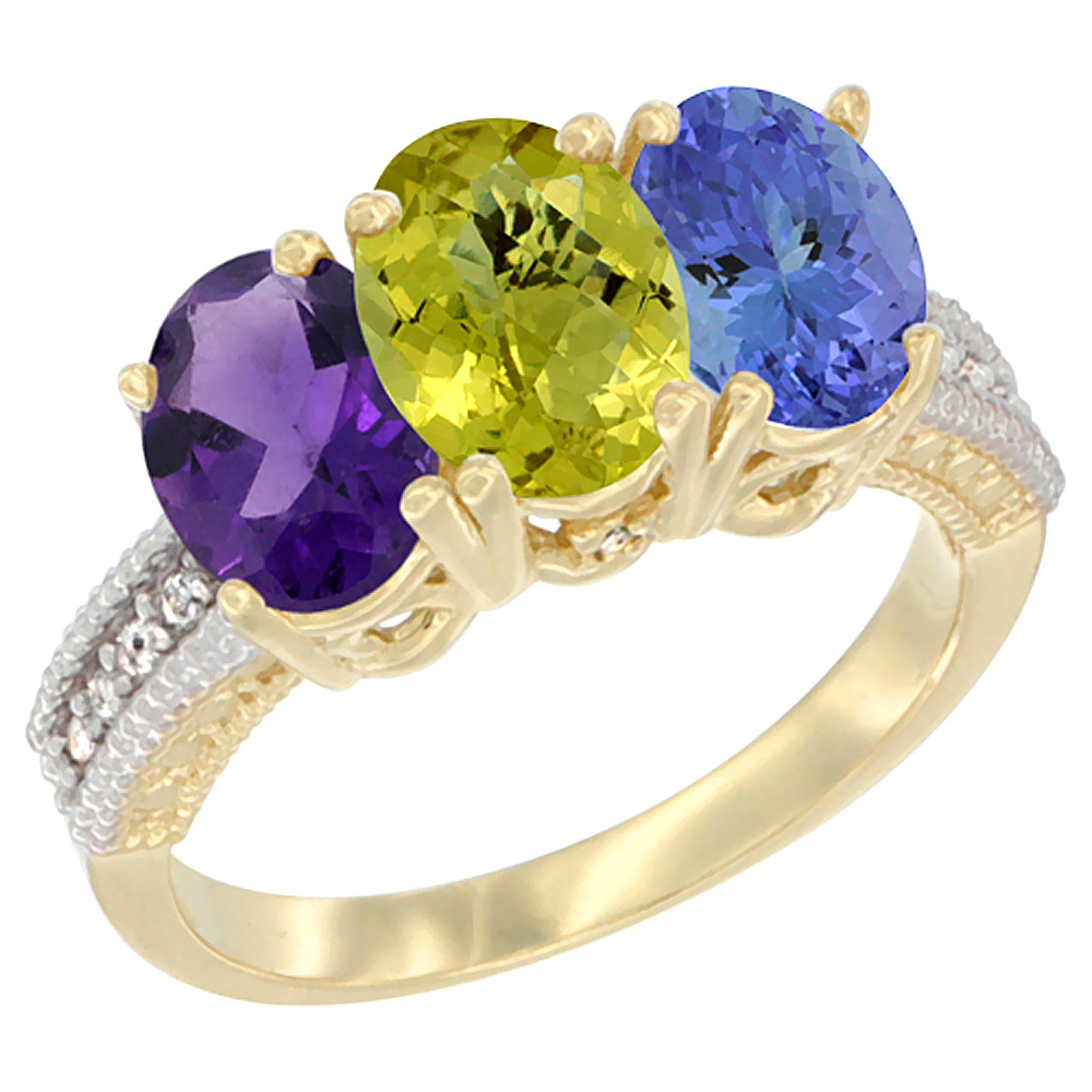 14K Yellow Gold Natural Amethyst, Lemon Quartz &amp; Tanzanite Ring 3-Stone 7x5 mm Oval Diamond Accent, sizes 5 - 10