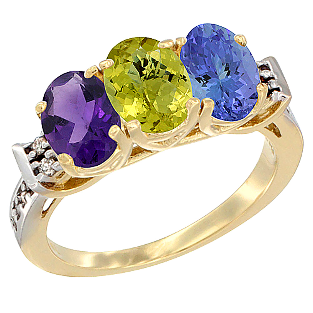 14K Yellow Gold Natural Amethyst, Lemon Quartz &amp; Tanzanite Ring 3-Stone 7x5 mm Oval Diamond Accent, sizes 5 - 10