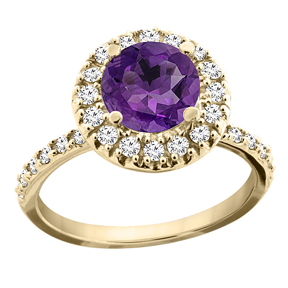 10K Yellow Gold Diamond Halo Genuine Amethyst Ring Round 8mm Floating sizes 5 - 10