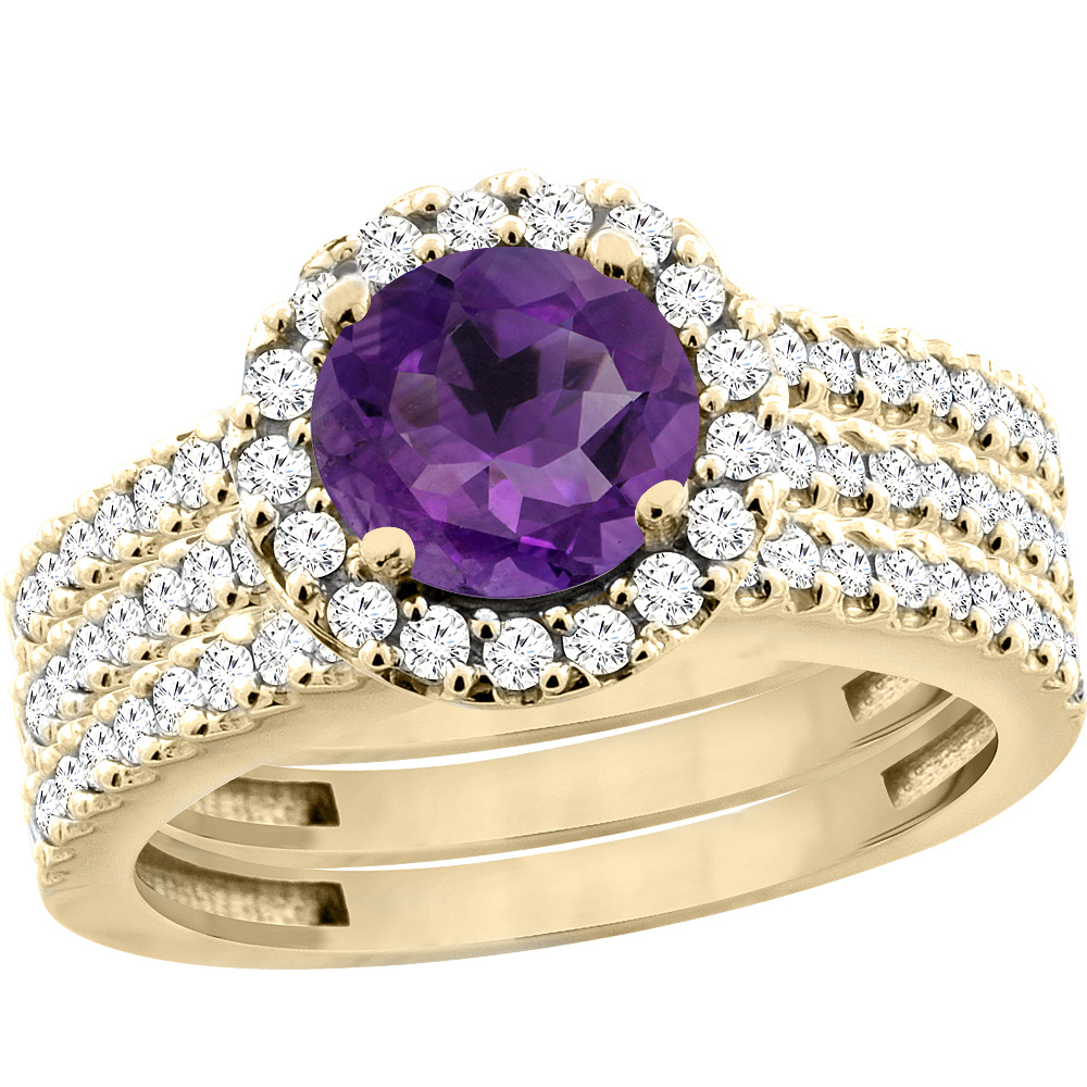 14K Yellow Gold Natural Amethyst 3-Piece Bridal Ring Set Round 6mm Halo Diamond, sizes 5 - 10