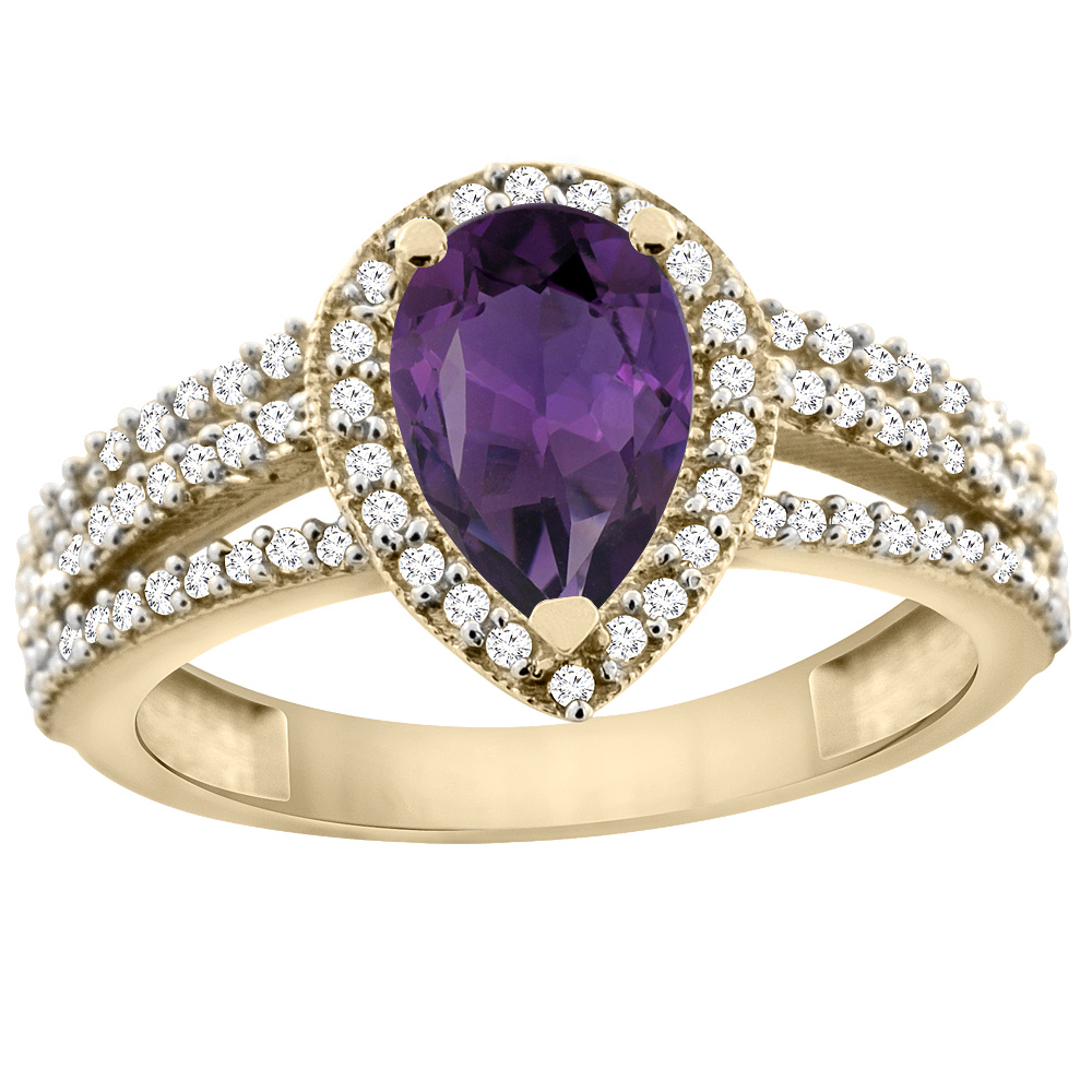 14K Yellow Gold Natural Amethyst Ring 9x7 Pear Halo Diamond, sizes 5 - 10