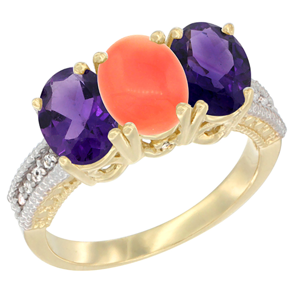 14K Yellow Gold Natural Coral & Amethyst Ring 3-Stone 7x5 mm Oval Diamond Accent, sizes 5 - 10