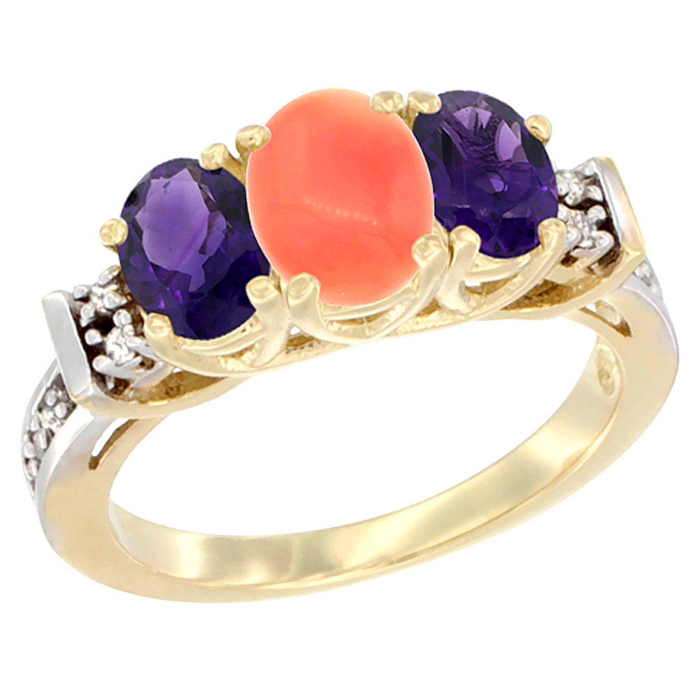 14K Yellow Gold Natural Coral &amp; Amethyst Ring 3-Stone Oval Diamond Accent