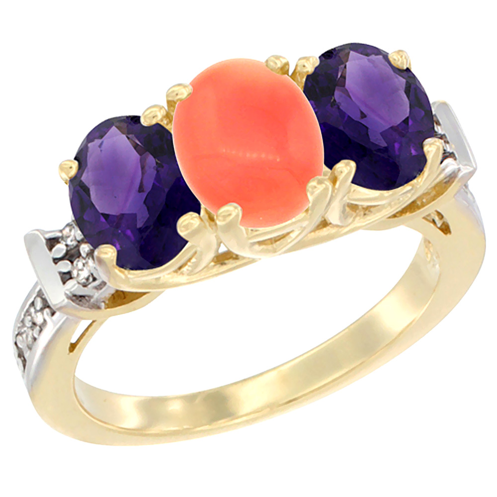 10K Yellow Gold Natural Coral & Amethyst Sides Ring 3-Stone Oval Diamond Accent, sizes 5 - 10