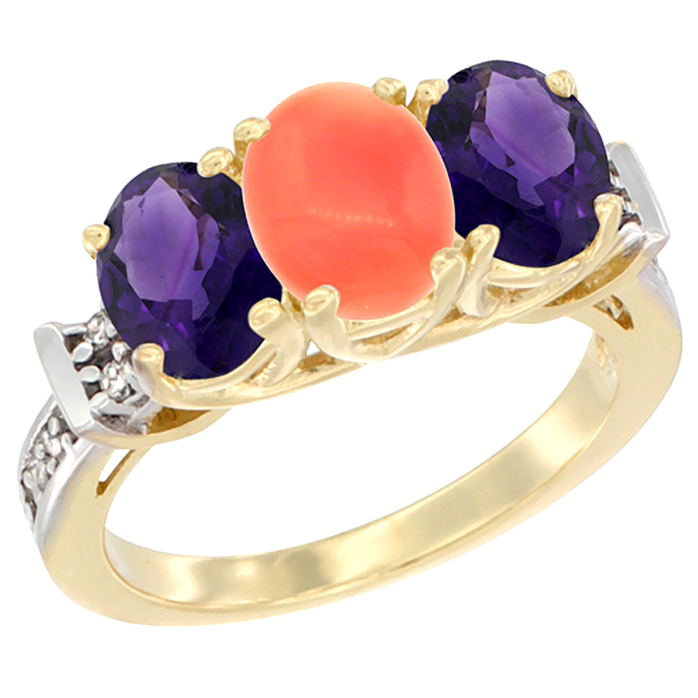 14K Yellow Gold Natural Coral & Amethyst Sides Ring 3-Stone Oval Diamond Accent, sizes 5 - 10