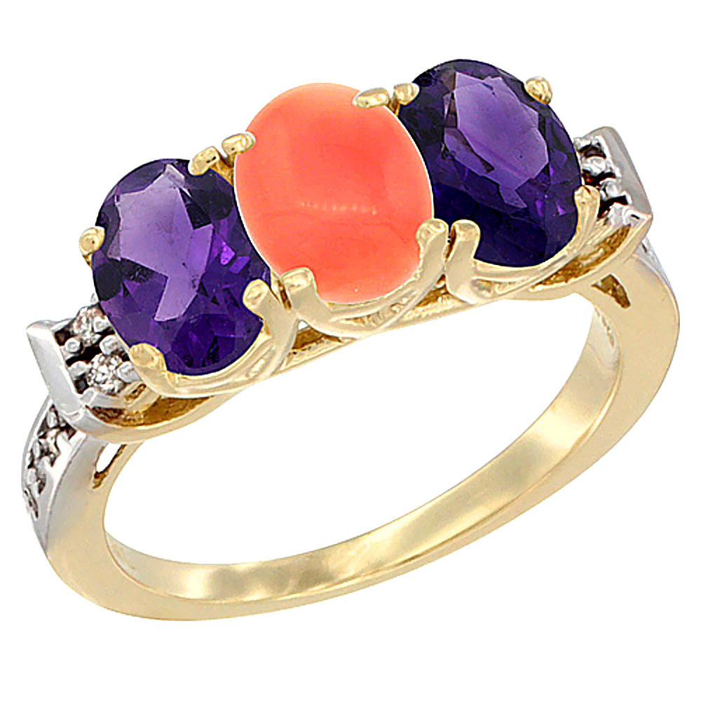 10K Yellow Gold Natural Coral & Amethyst Sides Ring 3-Stone Oval 7x5 mm Diamond Accent, sizes 5 - 10