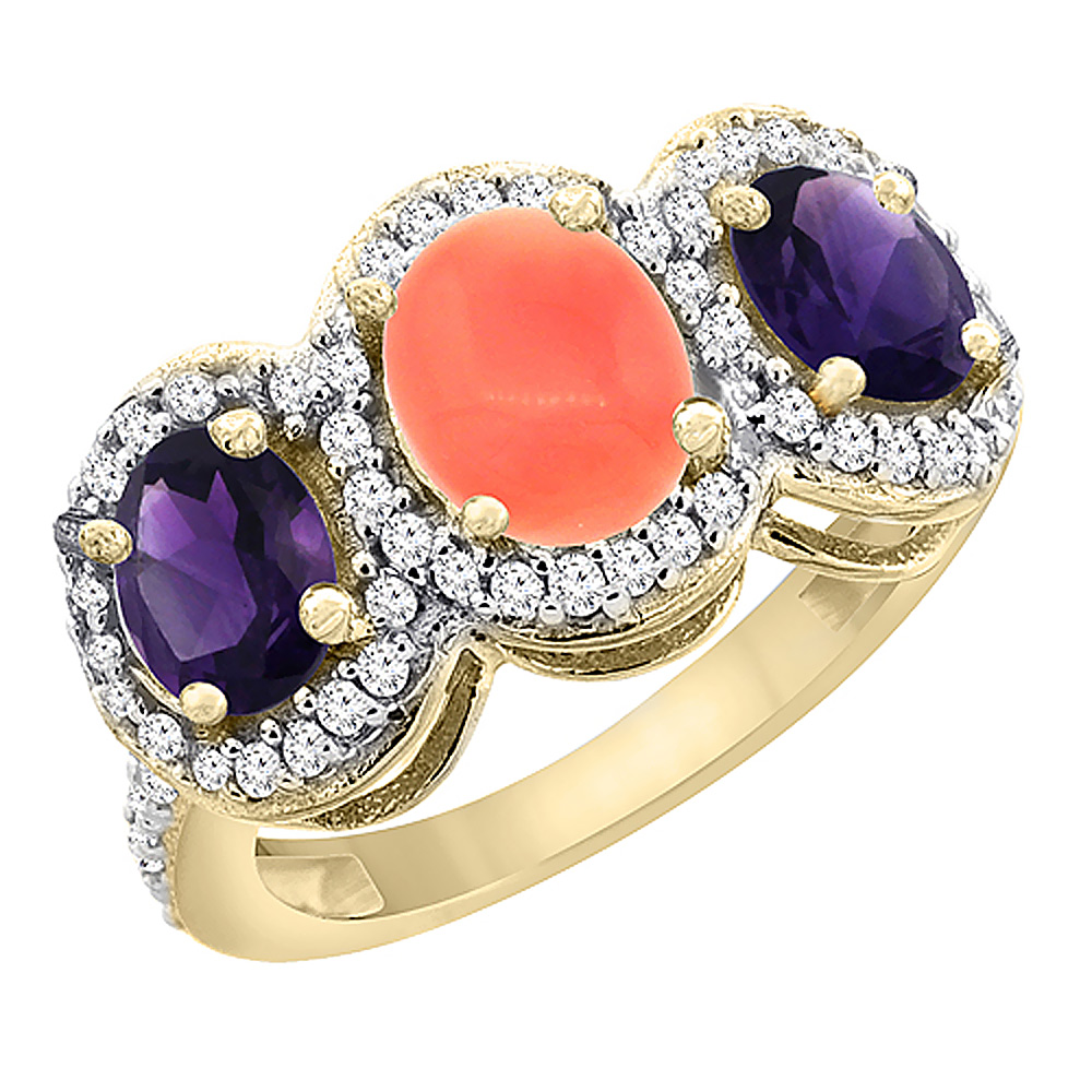 14K Yellow Gold Natural Coral &amp; Amethyst 3-Stone Ring Oval Diamond Accent, sizes 5 - 10