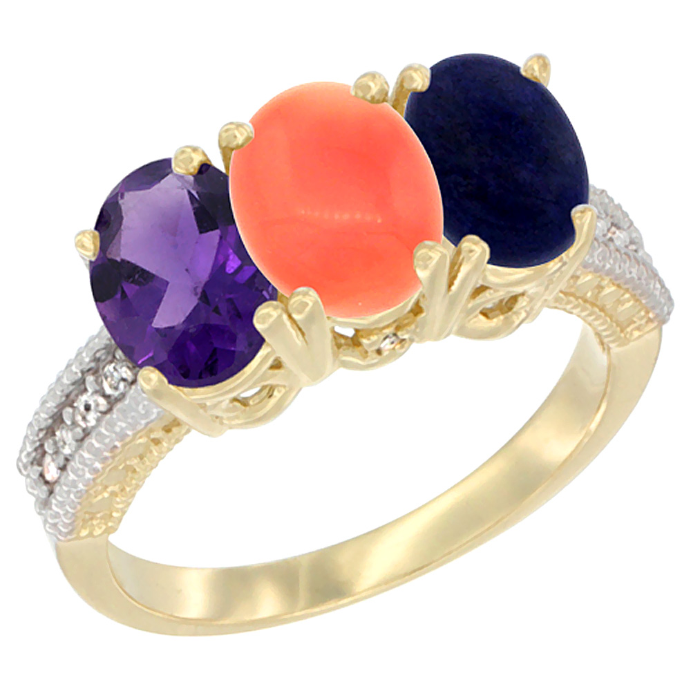 14K Yellow Gold Natural Amethyst, Coral &amp; Lapis Ring 3-Stone 7x5 mm Oval Diamond Accent, sizes 5 - 10