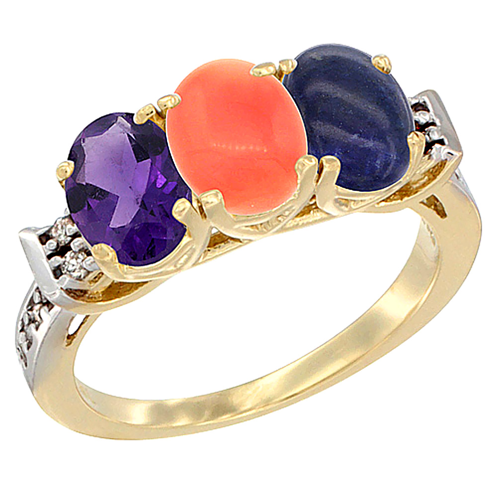 14K Yellow Gold Natural Amethyst, Coral &amp; Lapis Ring 3-Stone 7x5 mm Oval Diamond Accent, sizes 5 - 10