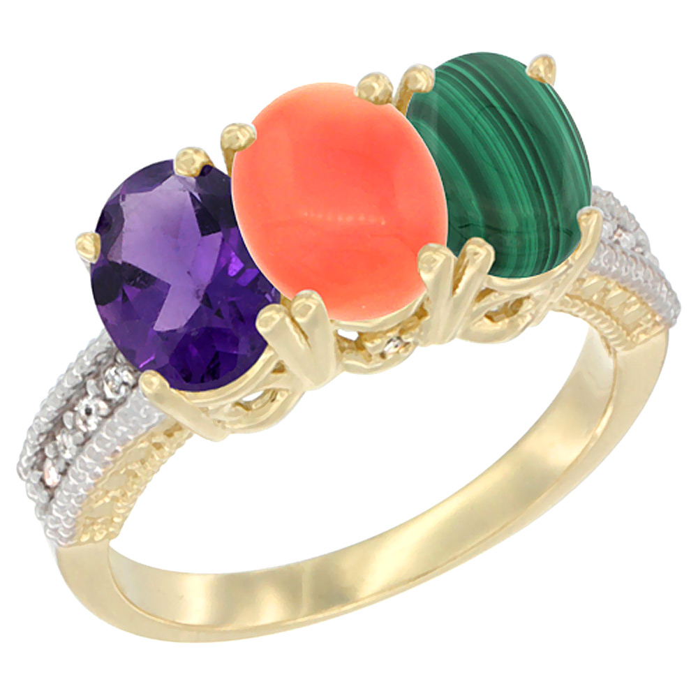 10K Yellow Gold Diamond Natural Amethyst, Coral & Malachite Ring Oval 3-Stone 7x5 mm,sizes 5-10