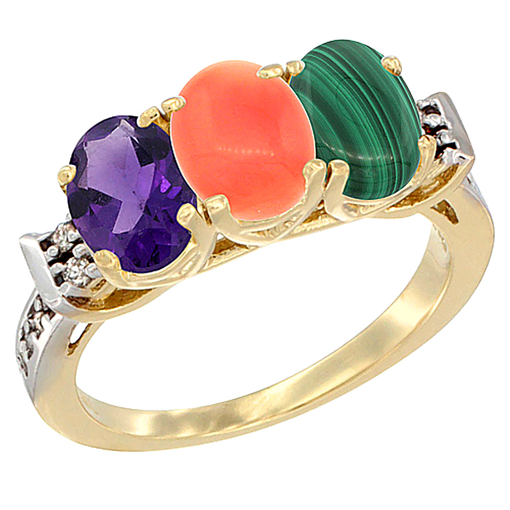 10K Yellow Gold Natural Amethyst, Coral &amp; Malachite Ring 3-Stone Oval 7x5 mm Diamond Accent, sizes 5 - 10