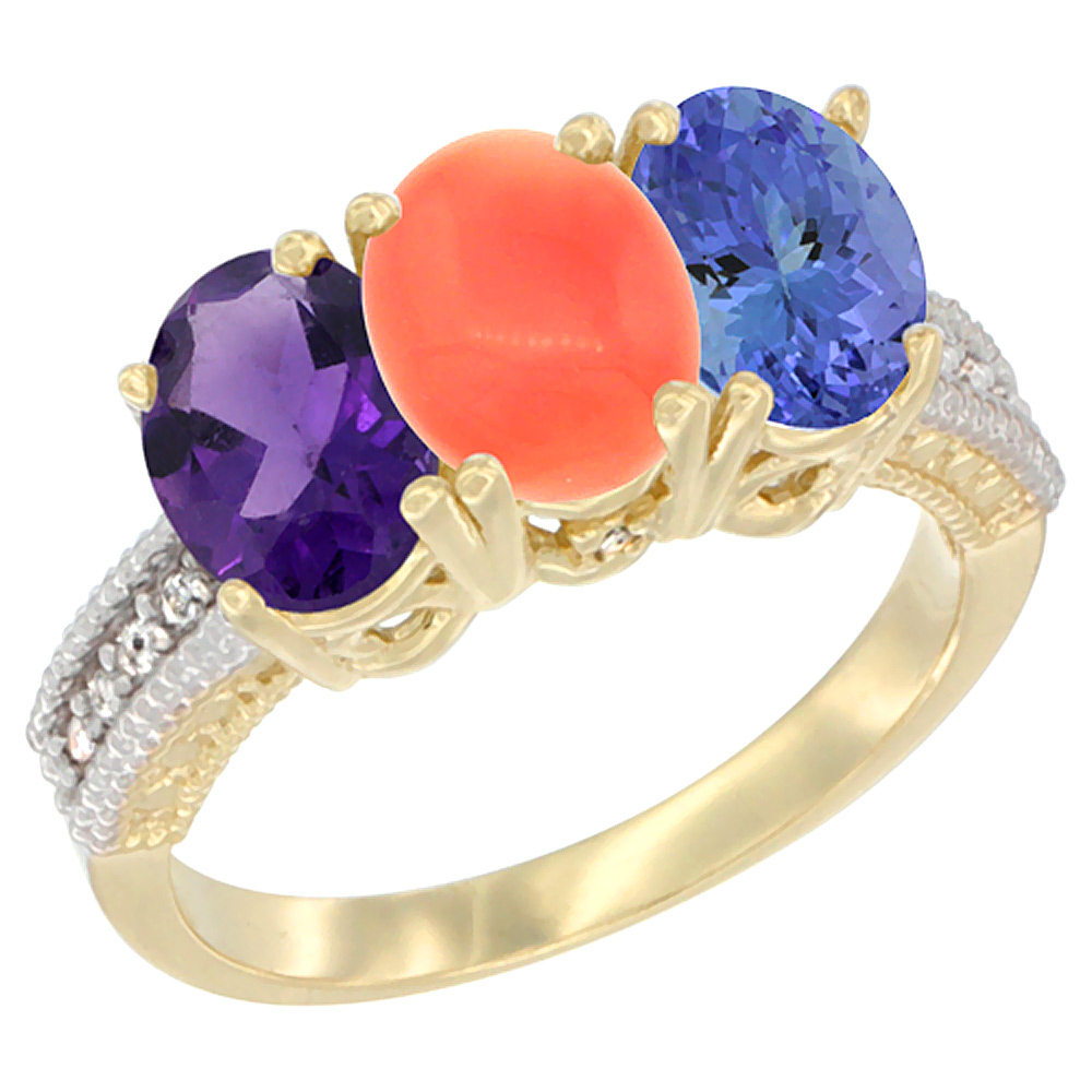 14K Yellow Gold Natural Amethyst, Coral &amp; Tanzanite Ring 3-Stone 7x5 mm Oval Diamond Accent, sizes 5 - 10