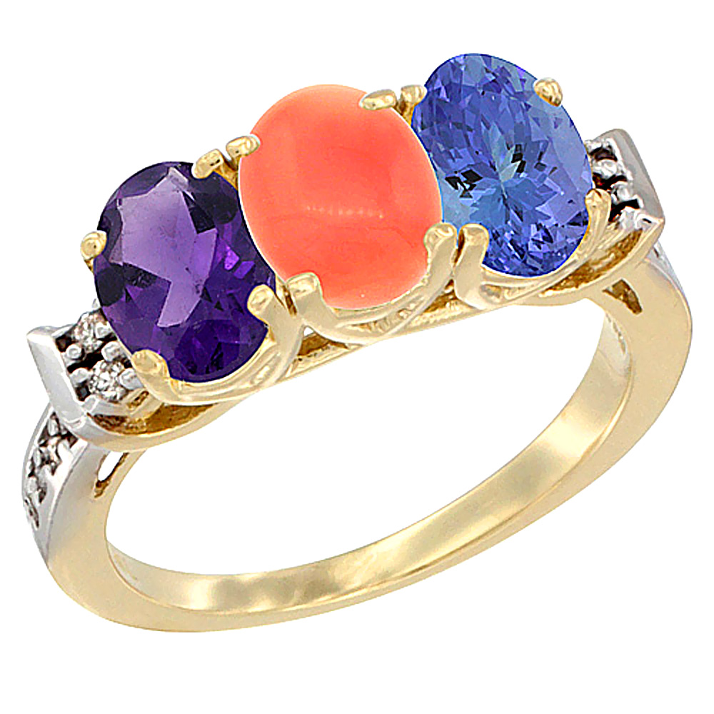 14K Yellow Gold Natural Amethyst, Coral &amp; Tanzanite Ring 3-Stone 7x5 mm Oval Diamond Accent, sizes 5 - 10