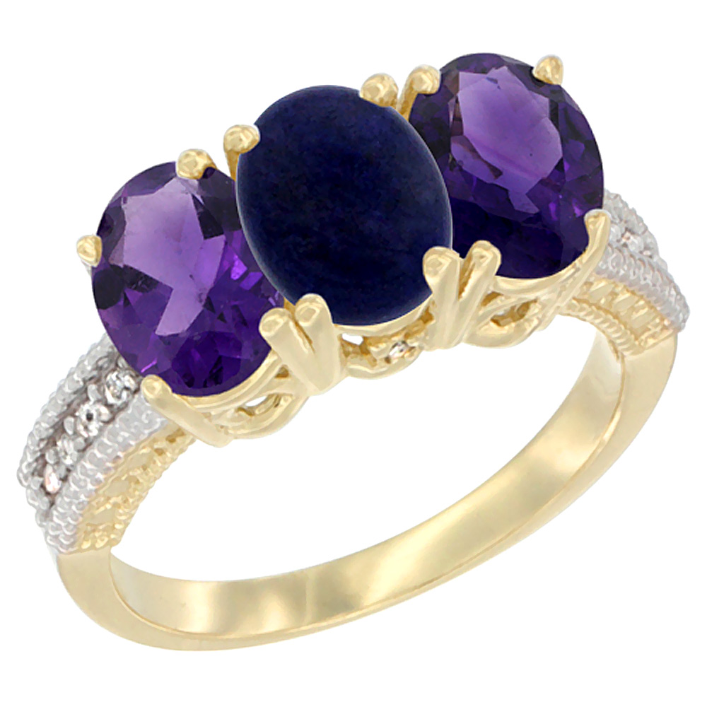 14K Yellow Gold Natural Lapis &amp; Amethyst Ring 3-Stone 7x5 mm Oval Diamond Accent, sizes 5 - 10