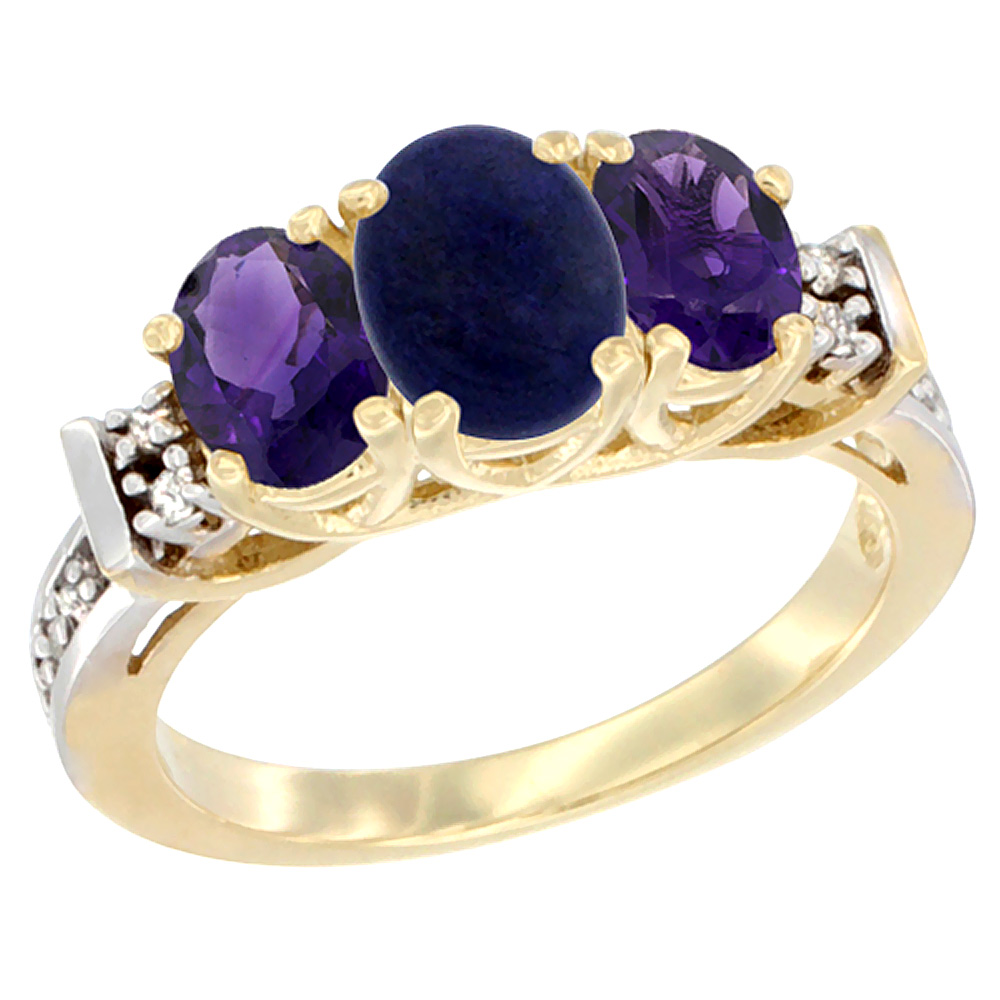 14K Yellow Gold Natural Lapis &amp; Amethyst Ring 3-Stone Oval Diamond Accent