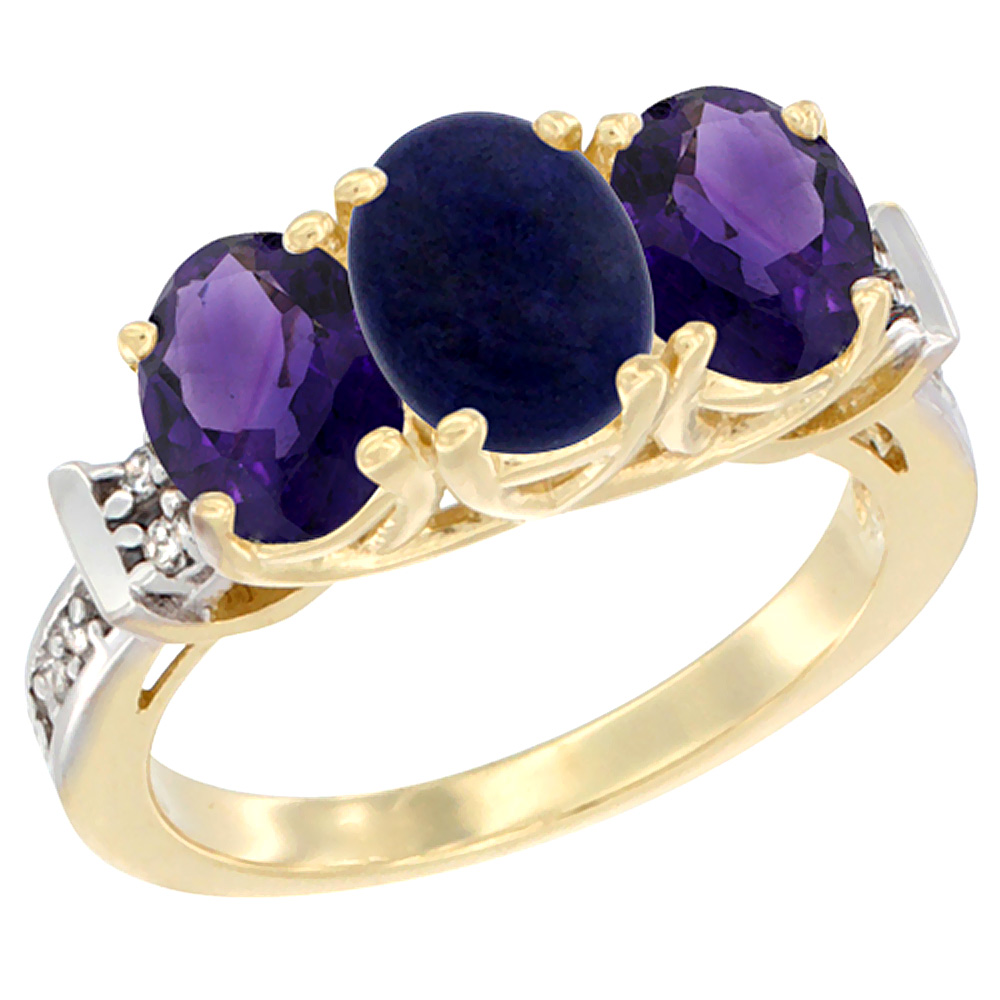 14K Yellow Gold Natural Lapis &amp; Amethyst Sides Ring 3-Stone Oval Diamond Accent, sizes 5 - 10