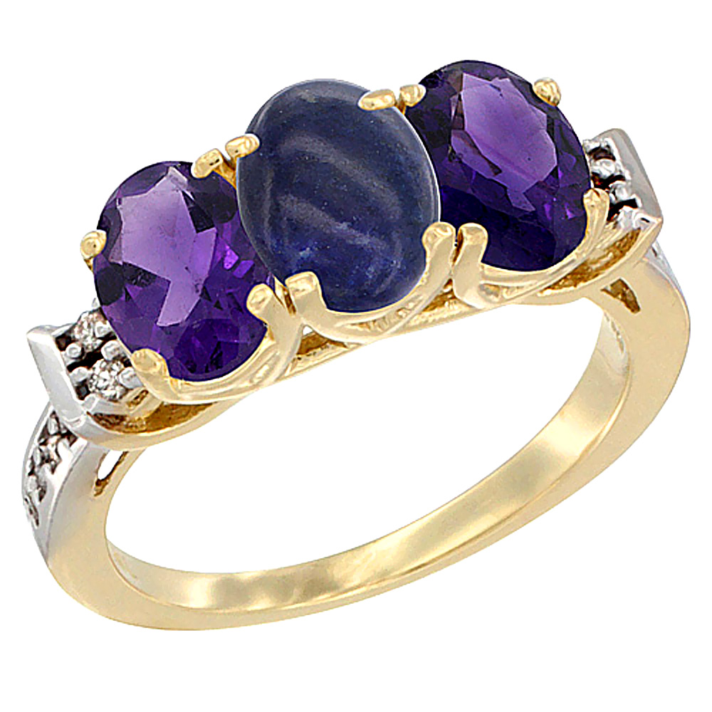 14K Yellow Gold Natural Lapis &amp; Amethyst Sides Ring 3-Stone 7x5 mm Oval Diamond Accent, sizes 5 - 10