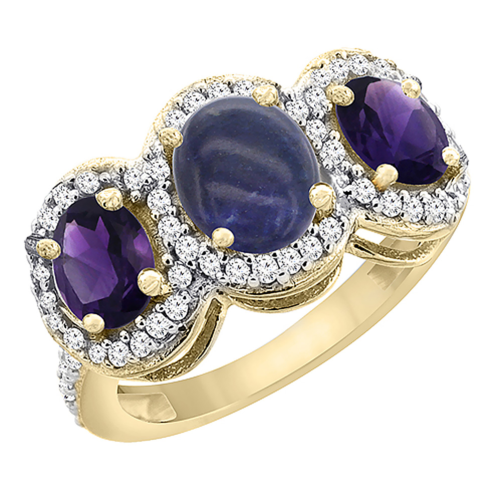 14K Yellow Gold Natural Lapis &amp; Amethyst 3-Stone Ring Oval Diamond Accent, sizes 5 - 10