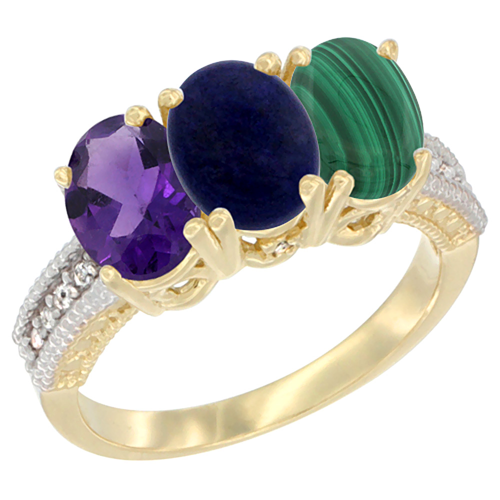 14K Yellow Gold Natural Amethyst, Lapis & Malachite Ring 3-Stone 7x5 mm Oval Diamond Accent, sizes 5 - 10