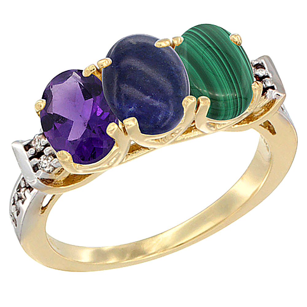 14K Yellow Gold Natural Amethyst, Lapis & Malachite Ring 3-Stone 7x5 mm Oval Diamond Accent, sizes 5 - 10