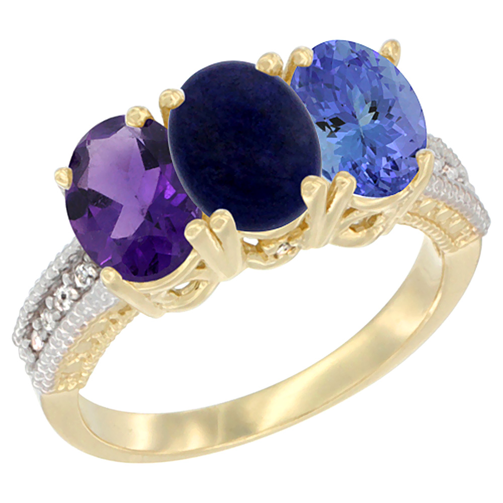 14K Yellow Gold Natural Amethyst, Lapis & Tanzanite Ring 3-Stone 7x5 mm Oval Diamond Accent, sizes 5 - 10