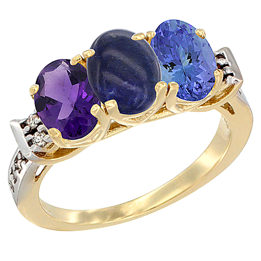 14K Yellow Gold Natural Amethyst, Lapis & Tanzanite Ring 3-Stone 7x5 mm Oval Diamond Accent, sizes 5 - 10