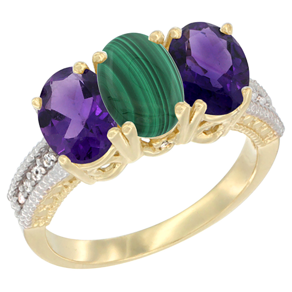 14K Yellow Gold Natural Malachite & Amethyst Ring 3-Stone 7x5 mm Oval Diamond Accent, sizes 5 - 10